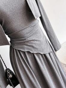 Sweetra Young 少女休闲优雅长袖开衫上衣，不对称下摆，背心和迷你裙套装 - 灰色 - 查看 4