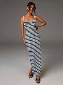 Athîral Vestido de verano de mujer con rayas, cruce en la espalda y abertura lateral - Azul - Ver 2