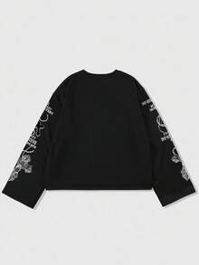 ROMWE MEN Street Life Men's Street American Dark Beauty Woman Face English Graphic Print Long Sleeve T-Shirt, Fall - Black - View 2