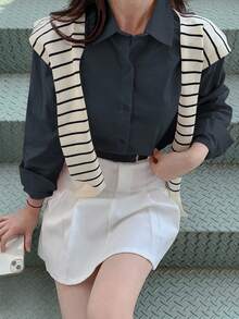 DAZY 女士长袖单排扣休闲百搭宽松纯色衬衫、秋装、返校服 - 藏蓝色 - 查看 7