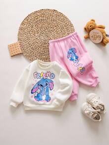 SHEIN Babygirl 可爱卡通图案针织衫裤套装 秋冬 - 米色 - 查看 5