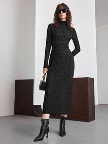 Ontre 2025 New Arrival Autumn/Winter Women's Tops, Polka Dot Fabric, Fitted Silhouette, Casual Chic & Versatile, Black Tight Fitting Turtleneck Sweater, Flattering, Slimming, Business Casual, Office Wear, Daily Outfit, Autumn/Winter, Halloween, Christmas, Valentine's Day, Thanksgiving, Long Sleeve, Ladies Office Attire, Wedding Guest Outfit, Tea Party, Holiday Party, Minimalist Elegant, Urban Stylish, Fashionable Women Blouse