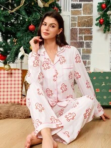 Conjunto de pijama rosa com estampa de boneco de gengibre listrado com tema natalino, aconchegante e elegante, ideal para o outono e inverno. - Rosa - Ver 5