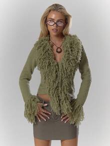 MUSERA Knit Shaggy Trim Fitted Cardigan Fall Autumn Cosy Fluffy Cute Casual Coffee Club Winter  Evening Party Elegant  Spring Sweater