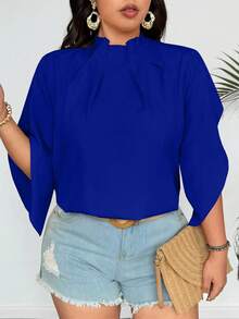 SHEIN Clasi 大码女式纯色立领七分袖宽松时尚衬衫 - 寶藍色 - 查看 4