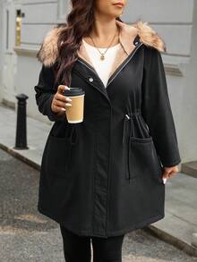 SHEIN Essnce Plus Size Women's Autumn And Winter Fashion Casual Loose Comfortable Daily Gentle Plush Splicing Hooded Cotton Coat Black Mid-Length Coat, Parka Jacket,Winter Outfits,Women's Winter Clothes - Black - View 4