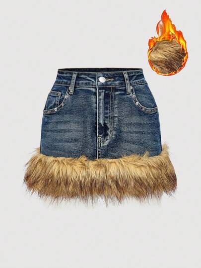 SHEIN MOD Patchwork Frayed Hem Denim Mini Skirt Fall Clothes For Women  Winter Clothes For Women Halloween Costumes Halloween Clothes For Women  Christmas Women's Clothing  Christmas Outfit For Women Going Out Skirt For Women