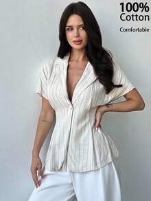 Firerie 女士休闲/办公室时尚新款棉麻条纹腰部短袖翻领衬衫，杏色 - 杏色 - 查看 2