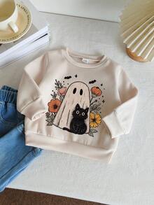 Baby Mädchen Lässig Katzen- und Blume Muster Fleece gefütterte Rundhalsausschnitt Langarm Sweatshirt, geeignet für Ausflüge im Herbst/Winter