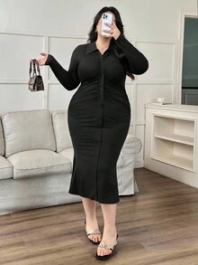 Modelyn Women's Fashionable Casual Elegant Solid Color Knit Plus Size Dress - Black - View 6