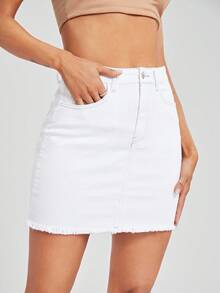 Selenza High Waist Raw Hem Denim Skirt - White - View 5