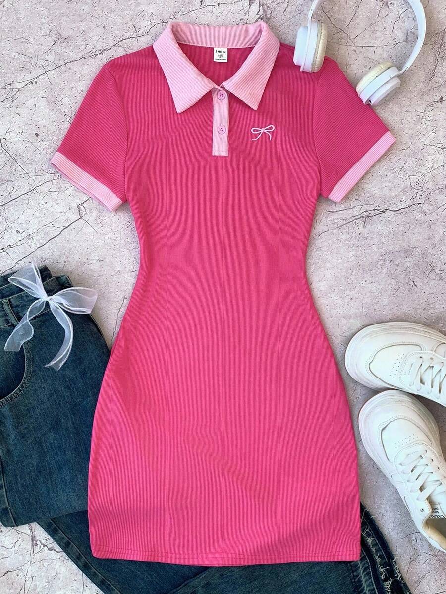少女玫瑰红和粉色休闲个性撞色领罗纹针织纽扣修身连衣裙，夏季连衣裙，蝴蝶刺绣粉色连衣裙学院风连衣裙 T 恤连衣裙 Polo 衫连衣裙粉色 Polo 衫连衣裙