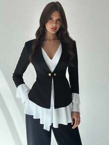 Firerie Damen eleganter, minimalistischer, anspruchsvoller Pendler-Blazer mit Metallschnalle in Taille-A-Linie, Schwarz-Weiß-Kontrast, figurbetont, Herbst/Winter - Schwarz und Weiss - Übersicht 3