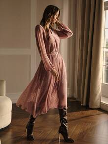 MOTF PREMIUM ASYMMETRICAL HEM FLOWY DRESS WITH BELT, FALL WINTER - Pink - View 5