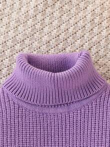 SHEIN Vintaside Kids 女婴简约舒适纯色高领毛衣，秋冬季婴儿高领淡紫色上衣，婴儿纯色针织毛衣，女婴冬季毛衣，冬季圣诞节万圣节毛衣，秋季套头衫 - 淡紫色 - 查看 4