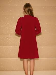 女孩优雅简约时尚淑女立领落肩长袖宽松短款连衣裙，3D 蝴蝶结和珍珠设计，圣诞红 - 紅色 - 查看 2