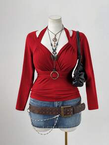 Sunspun 大码女式方领褶皱长袖金属环优雅复古休闲家居服棕色 T 恤 - 紅色 - 查看 4