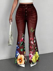 Maweii Pantaloni a zampa di donna taglie forti con stampa floreale e farfalla in finta jeans - Colore mogano - Visualizzare 3