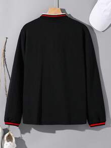 SHEIN 青少年男孩拼色罗纹 Polo 长袖衬衫，休闲学院风，舒适时尚，百搭日常穿着，上学、郊游、户外活动，适合秋冬季、返校季 - 黑色 - 查看 4
