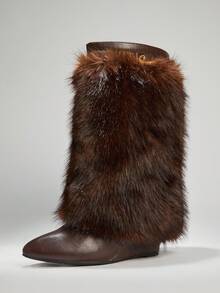 SHUZIA Women's Faux Fur Pointed Toe Wedge Heel Mid-Calf Boots - Coffee Brown - View 4