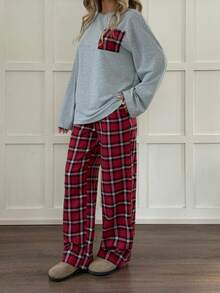 SHEIN 2 件套青少年女孩休闲宽松上衣和格子裤 T 恤套装，秋冬 - 彩色 - 查看 4