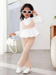 2件套少女领华夫格面料长袖荷叶边下摆衬衫和喇叭裤套装 - 卡其色 - 查看 3