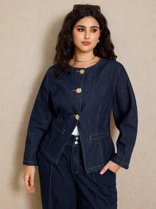 Elaquor Áo khoác denim xanh đậm cỡ lớn, tay dài, eo có cúc kim loại hình hoa hồng, phù hợp mặc theo phong cách Pháp thanh lịch trong mùa thu cho nữ - Rửa tối - Xem 4
