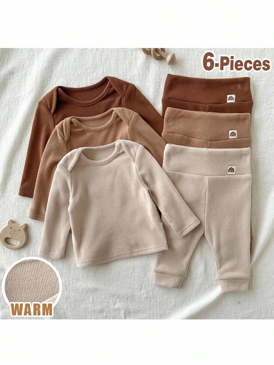 Loomiva 6pcs Newborn Baby Boy/Girl Soft Knit Crew Neck Long Sleeve Top And Elastic Waist Long Pants Set
