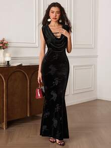 EastFlair Women's Elegant Cowl Neck Black Velvet Dress,Autumn Formal Evening Gown, Bodycon Maxi Wedding Guest Party Dress For Dining,Summer Long Dress - Black - View 3
