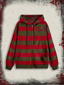 A Nightmare on Elm Street X ROMWE 女式拼色条纹和字母刺绣图案抽绳连帽拉链开衫 - 彩色 - 查看 1