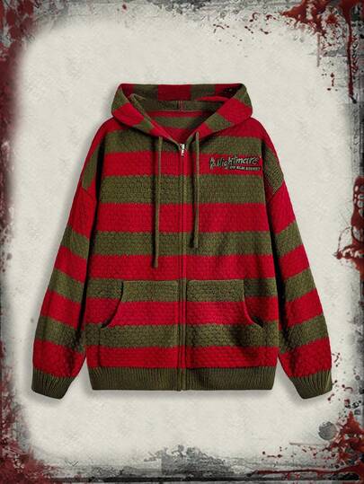 A Nightmare on Elm Street X ROMWE Chaqueta con capucha con cremallera, estampado de bloques de color, rayas y bordado de letras para mujer