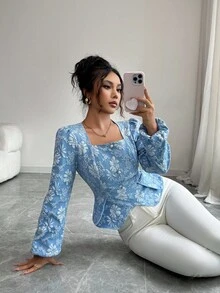 SHEIN PETITE 优雅精致方领腰部纽扣装饰纹理提花面料长袖女式衬衫 - 藍色 - 查看 7