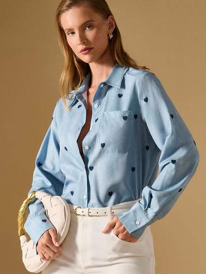 Briarwyn Áo sơ mi dài tay in hình trái tim phong cách thường ngày dành cho nữ, mùa thu, áo kiểu nữ, phong cách cổ điển.