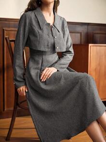 Vintamour 方领无袖吊带连衣裙 A字裙和长袖短夹克