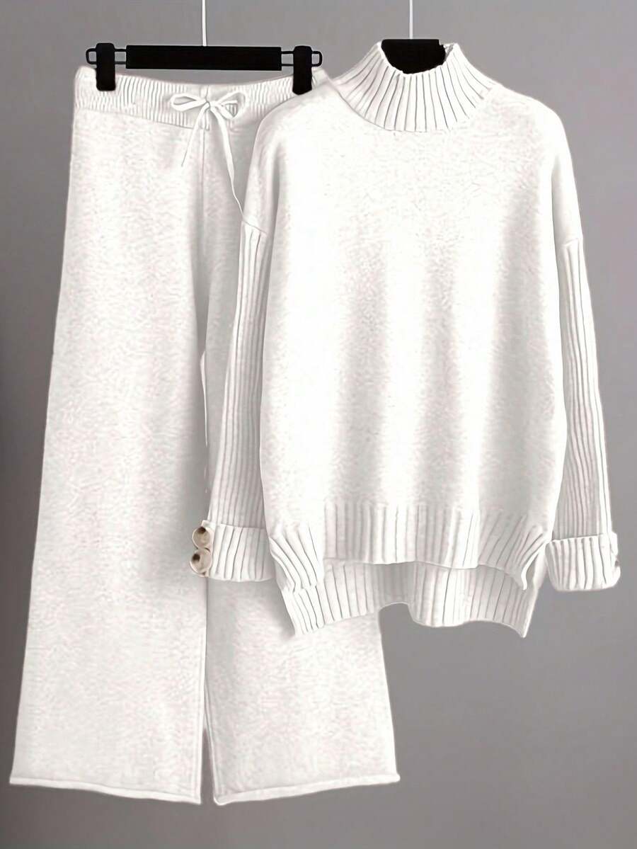 Franclia 2pcs Set Sweater Rajut Kasual Wanita Leher Tinggi Lengan Panjang Belahan Bawah Warna Polos - Aprikot - View 1