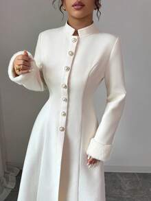 Elenzga New Women's Stand Collar Long Sleeve Faux Rabbit Fur Cuff Splice Open Front Design Waist A-Line Casual Daily Versatile Young Elegant Lady Long Coat, Autumn/Winter Fall Coat For Women - Apricot - View 3