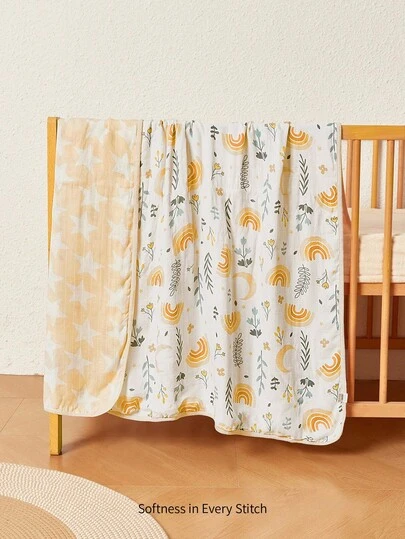 Cozy Pixies 100*100cm Soft & Comfortable Baby Blanket With Double-Sided Star & Rainbow Print, Newborn Swaddle Wrap Oeko-Tex Certified