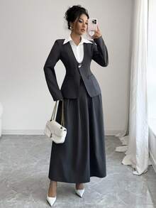 Elenzga 女士优雅百搭办公室通勤装，高端二合一设计长袖西装外套 + 中长款百褶裙套装，秋冬 - 灰色 - 查看 6