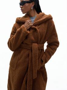 GENKIRA Áo khoác dài cổ điển thanh lịch có mũ trùm đầu bằng lông giả màu nâu thu/đông - màu nâu - Xem 5