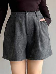 DAZY 大码女式纯色加厚羊毛混纺休闲短裤，秋冬款 - 深灰色 - 查看 8