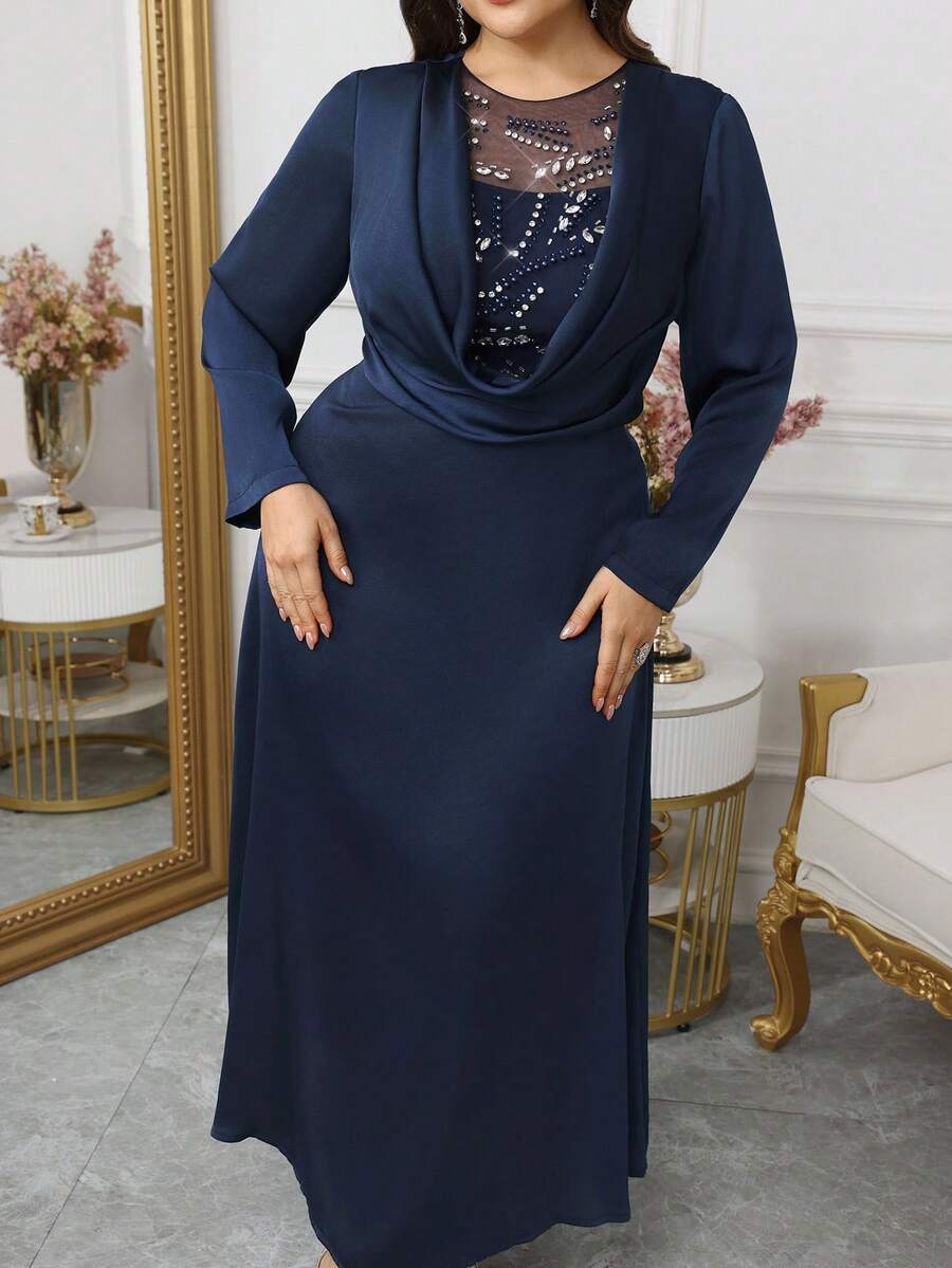 Modelyn Plus Size Women Elegant Minimalist Long Velvet Slim Dress - Royal Blue - View 1