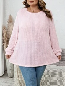 SHEIN CURVE+ 大码户外上衣，大码休闲圆领落肩宽松长袖T恤，秋季大码服装 - 粉色 - 查看 5