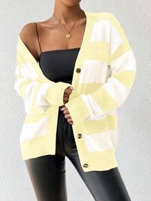 EMERY ROSE Autumn/Winter New Design Striped Faux Mink Fleece Cardigan Sweater For Women - Light Yellow - View 3
