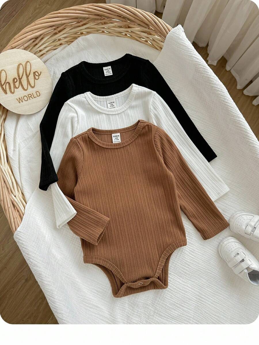 SHEIN Bộ đồ liền thân dệt kim tay dài trơn 3 món cho bé gái - Nhiều màu - Xem 1