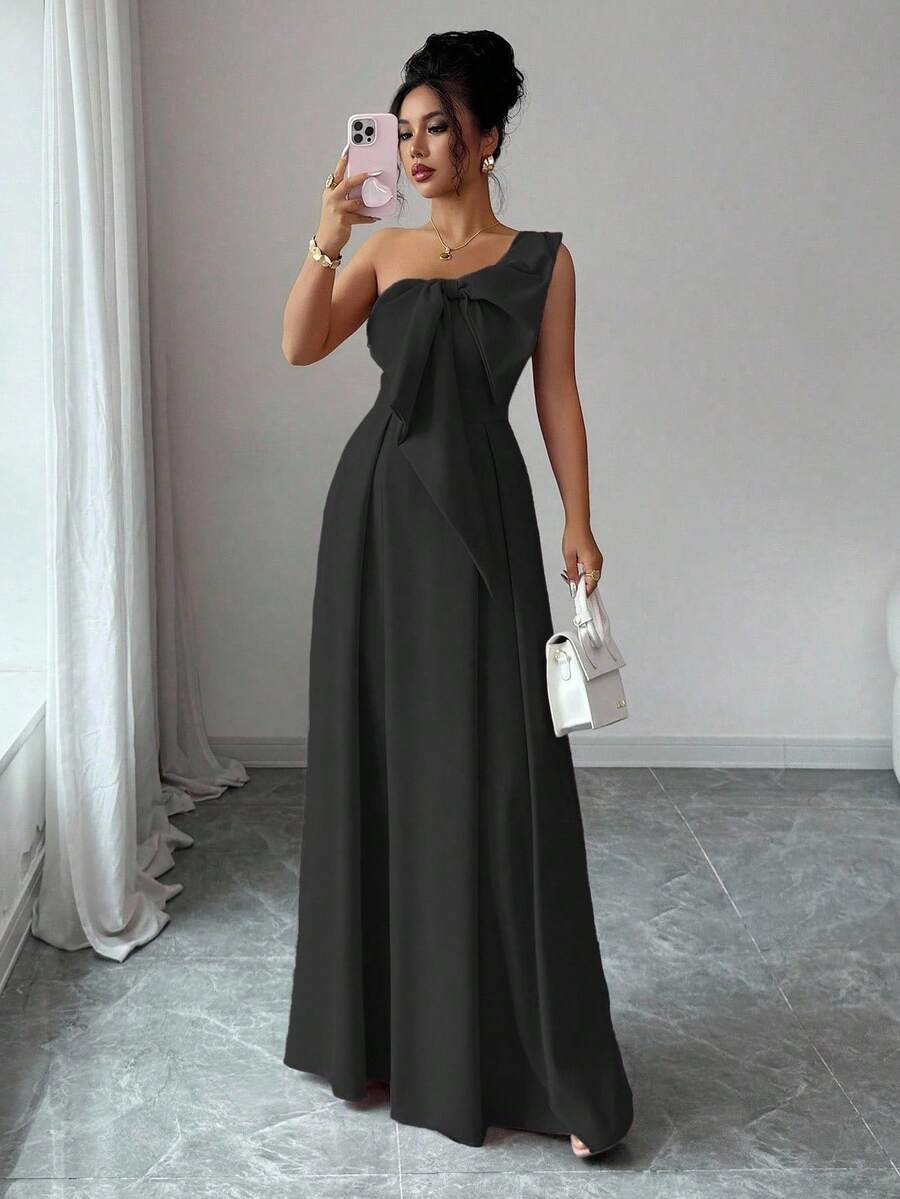 Selianne Asymmetric Big Bowknot Waist A-Line Elegant Romantic Women Dress - Black - View 1