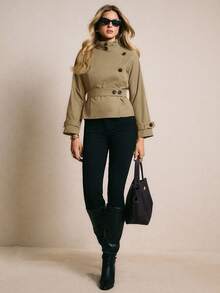 Poéselle Women's Casual Stand Collar Button Front Trench Coat, Autumn,Fall,Cozy Fall And Winter Clothes For Women - Brown - View 3