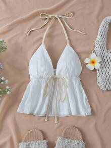 GlowEve 素色後綁帶掛脖上衣 - 白色 - 查看 1