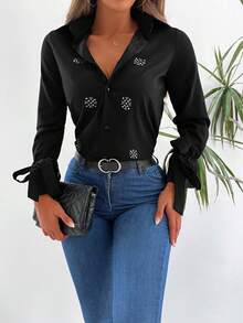 EURMUSE Women's Solid Color Drop Shoulder Fitted Rhinestone Embellished Long Sleeve Casual Shirt - Black - View 3