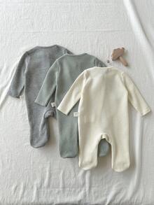 Loomiva Newborn Baby Boy/Girl 3-Piece Set: Soft Knit Solid Color Crew Neck Long Sleeve Jumpsuit Fall Winter - Multicolor - View 2