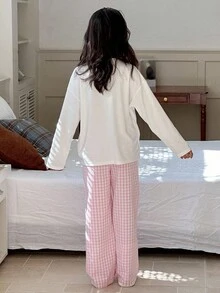 DAZY 2 件套青少年女孩圆领针织印花长袖 T 恤 + 编织格子裤家居服套装，秋季 - 粉色 - 查看 5